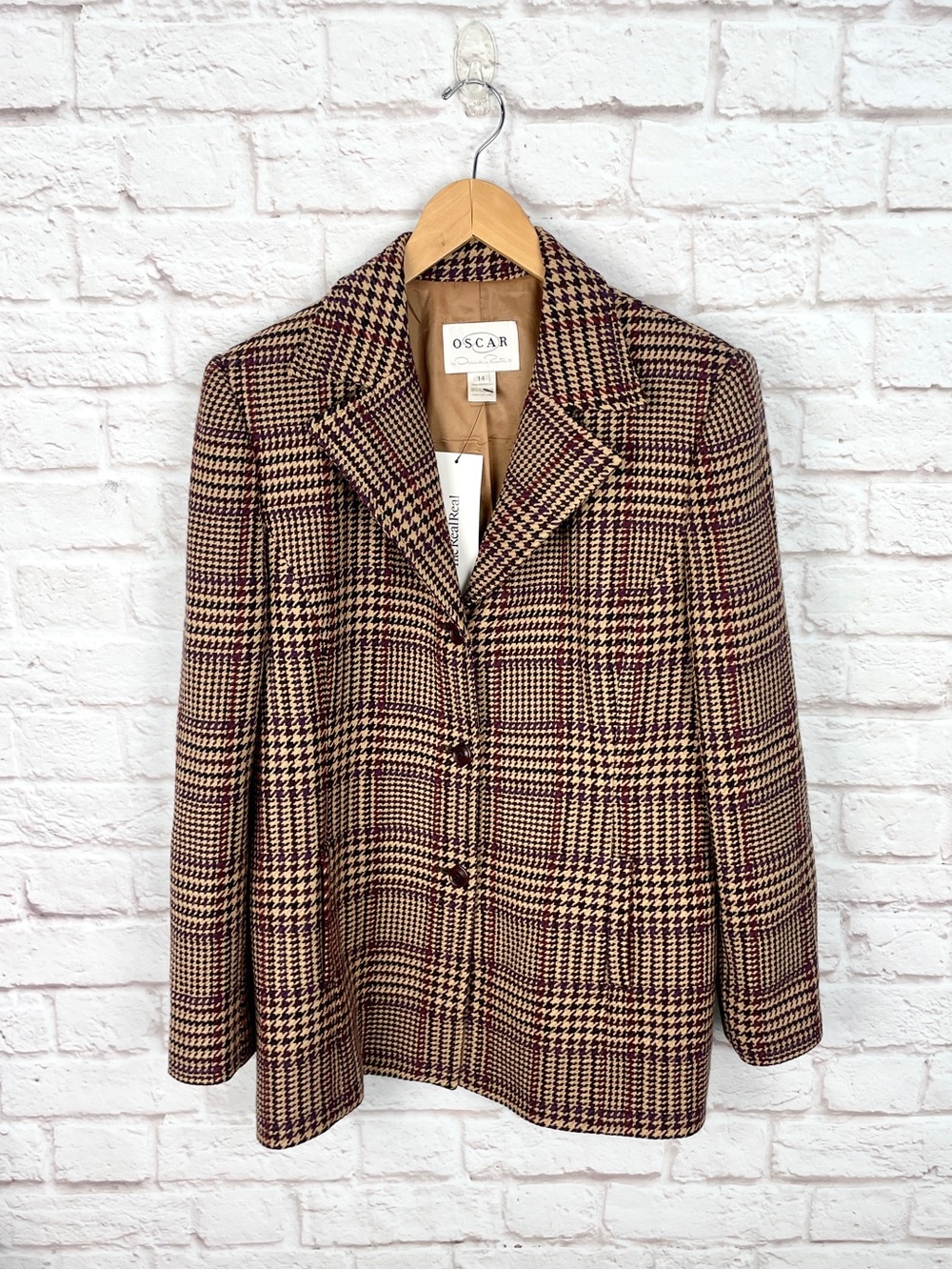 Oscar by Oscar De Renta VTG Plaid Brown Checked Blazer Size 14